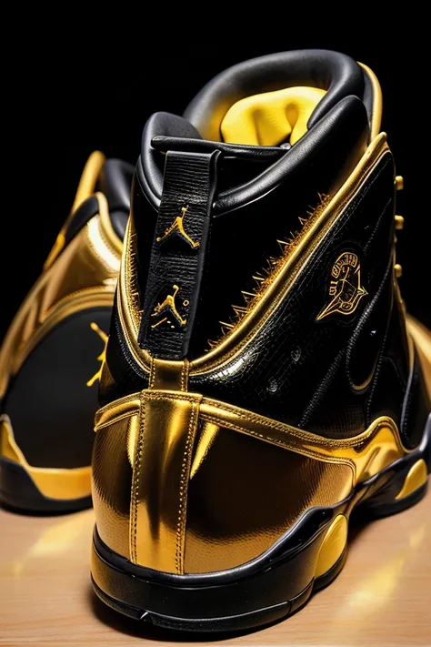 Nike Air Jordan 14 “Last Shot”: black leather sneakers with gold accents against a backdrop of an illuminated basketball arena. Emphasizing an arrow-shaped silhouette and stylish lines.Highly detailed, crisp and well-drawn logo and lettering.Absolute detai...