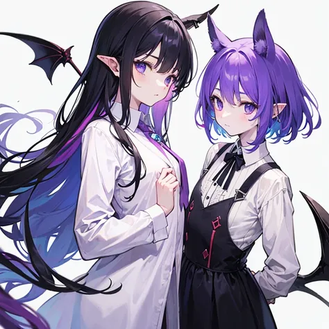 centaur devil、flat chest、suit、white shirt、purple skin、slightly pointed ears、devil&#39;s tail、red eyes、horn、petite、upper body cen...