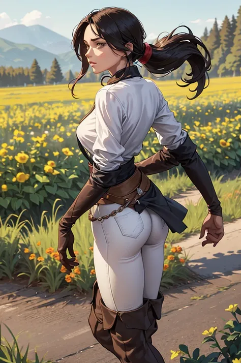 ultra detailed and realistic, shows a young woman walking with an elegant and determined posture. his face, seen from the side, ...