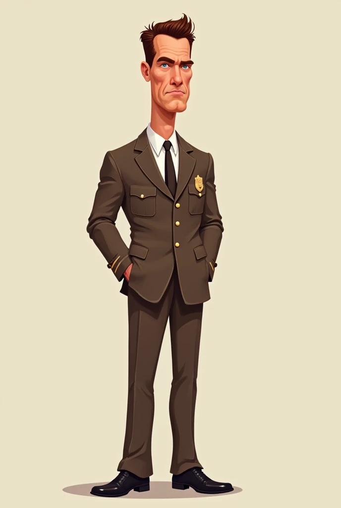 Create , caricature of  skinny arnold Schwarzenegger in neat brown  government officer outfit,wearing leather shoes, 