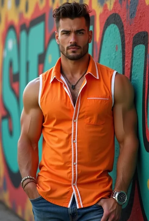 Handsome man, Muscular and virile in a sleeveless tangerine orange shirt with white trim. , modern and youthful haircut, jeans strong and muscular legs, large lump, age 20 years, Wall background with multi-colored street graffiti , With modern watch and br...