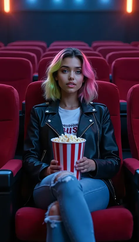 ((((full-body portrait)))), full-body, Beautiful (((Latina))) girl named Luna, middle length pink-yellow-green gradient hair, bob cut hairstyle, 20 years old, beautiful light blue eyes, (((cute face))), light tanned,  sitting in a darkened movie theater, f...