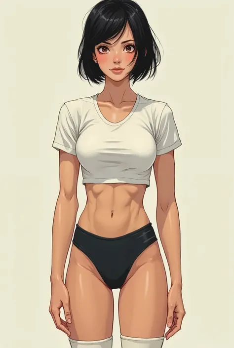 A detailed image of a woman with an athletic build, standing at 169 cm tall, with short black hair in an inverted bob cut. She has a slim yet muscular frame, with toned arms and legs reflecting her gymnastic background. Her face is oval-shaped with dark br...