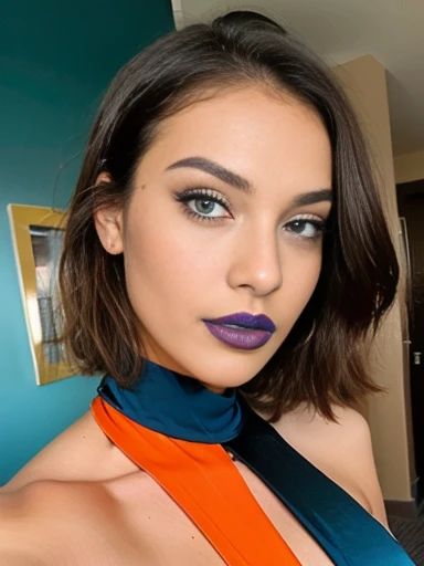 Guapa morena en vestido turquesa un autophoto (has turquoise) (in a hotel), autophoto, Low cut, very detailed, (huge breasts: 1.0), (with neckline), (teenage woman), (black makeup) (blue painted lips), (big lips), innocent face, short hair, (orange hair), ...