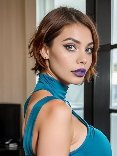 Guapa morena en vestido turquesa un autophoto (has turquoise) (in a hotel), autophoto, Low cut, very detailed, (huge breasts: 1.0), (with neckline), (teenage woman), (black makeup) (blue painted lips), (big lips), innocent face, short hair, (orange hair), ...