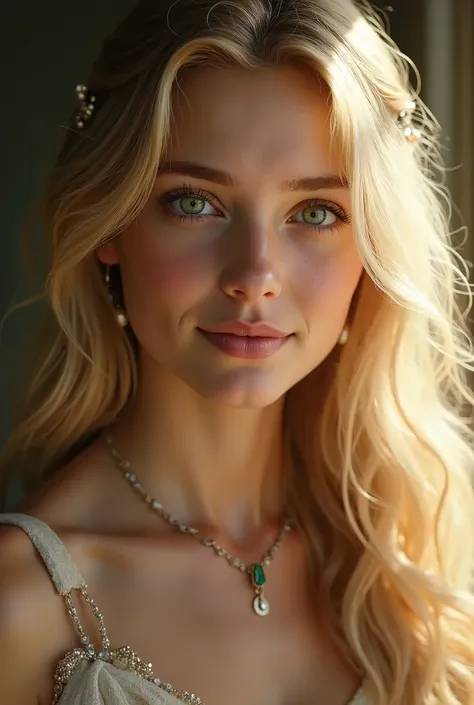 1 fille, Alone, long hair, blond hair, jewels, Contre-Jour, Best Quality, Work of art, High Resolution, Smile, green eyes 