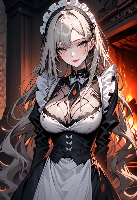 solo, female, very long hair, light skin, undressing, leaning closer, grey eyes, smile, huge breasts, frilly traditional English maid outfit, close up, mansion, maid headdress, elegant, fireplace, long sleeves, tasteful, broad shoulders, futuristic, cyborg...