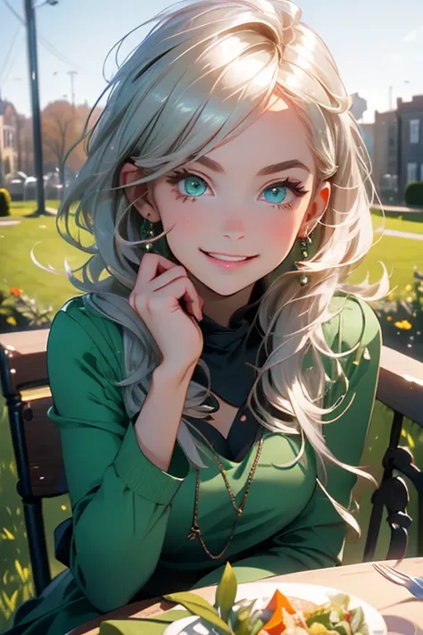 Perfect face. Perfect hands. A young silver haired woman with green eyes with an hourglass figure in a green dress is eating lunch in the school garden with a big smile