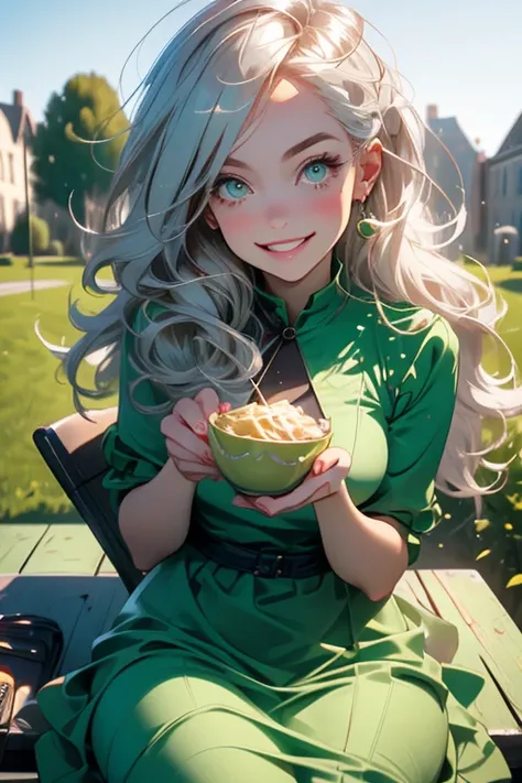 Perfect face. Perfect hands. A young silver haired woman with green eyes with an hourglass figure in a green dress is eating lunch in the school garden with a big smile