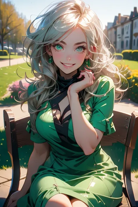 Perfect face. Perfect hands. A young silver haired woman with green eyes with an hourglass figure in a green dress is eating lunch in the school garden with a big smile