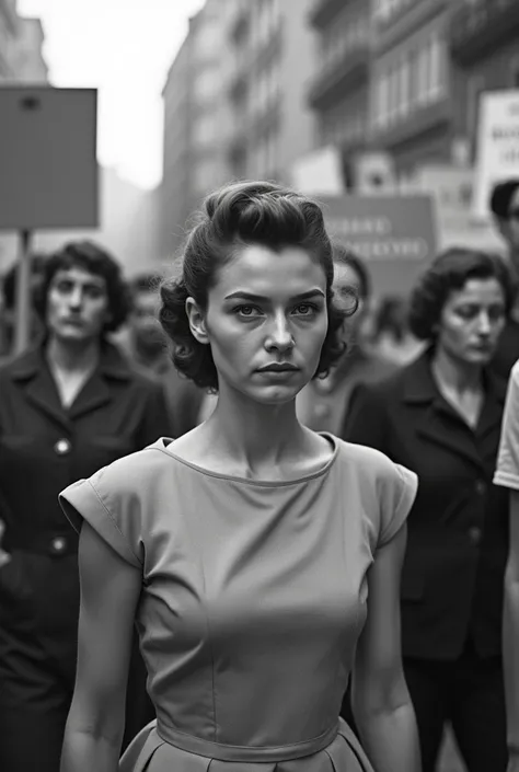 A candid photo of a young woman at a protest from the 1950s