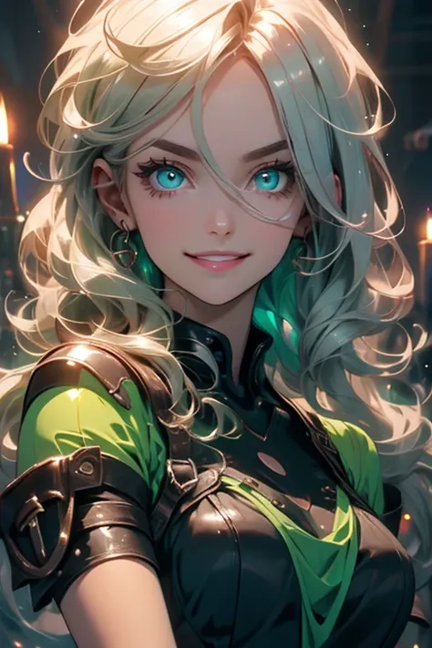 Perfect face. Perfect hands. A young silver haired woman with green eyes with an hourglass figure in a green dress is entering her chemical lab with a big smile