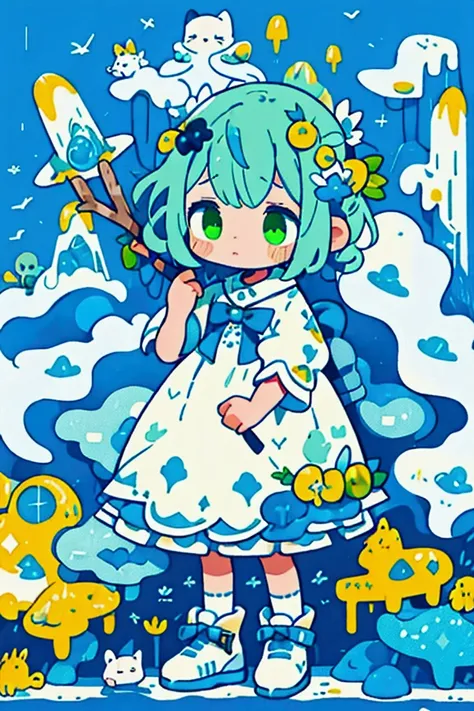 Girl, ice blue hair, yellow-green eyes, white dress, sad, magic, mystery, nature, animal, rock, stick