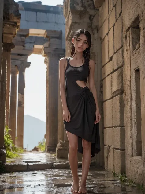 Skinny ancient Greek poor girl、Baby face and small breasts、There are stains and bruises on the face and body.、Old torn clothes、He is wearing a tight-fitting garment of ancient Greek cloth that is ragged, dirty, and full of holes.、Barefoot and wet from the ...