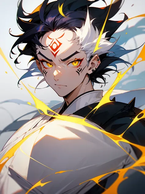 Spiky Hair、Black Hair、White kimono、White Haori、silk、（Countless translucent spheres）、Face tattoos、cool、Devil、male、Slim and muscular、Yellow Eyes、Slashing、Short sleeve、geta、Glowing Eyes、（Demon King&#39;s Castle)、Poison Swamp、Dead Tree、Broken Building、night、sm...