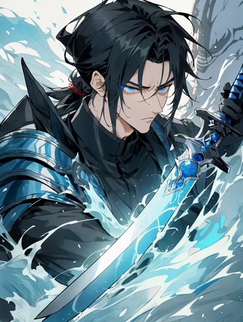 Mature adult man ((masculine and youthful face)) army general, blue eyes, black hair tied in a ponytail, blue armor, sword of the sea god Susanoo, manhua style