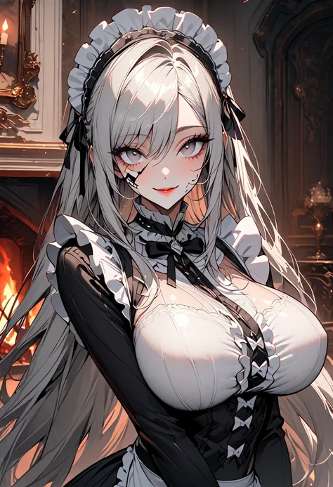 solo, female, very long hair, light skin, grey eyes, smile, huge breasts, frilly traditional english maid outfit, close up, mans...