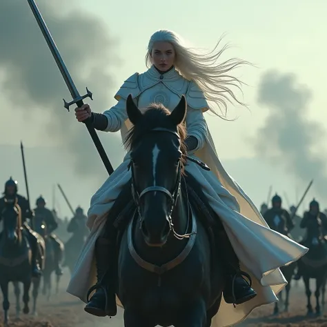 (white hair), In an epic battle, a white haired female general rode on a black warhorse, wielding a long sword and commanding thousands of troops and horses. Her hair fluttered in the wind, demonstrating fearless courage and leadership. On the battlefield,...