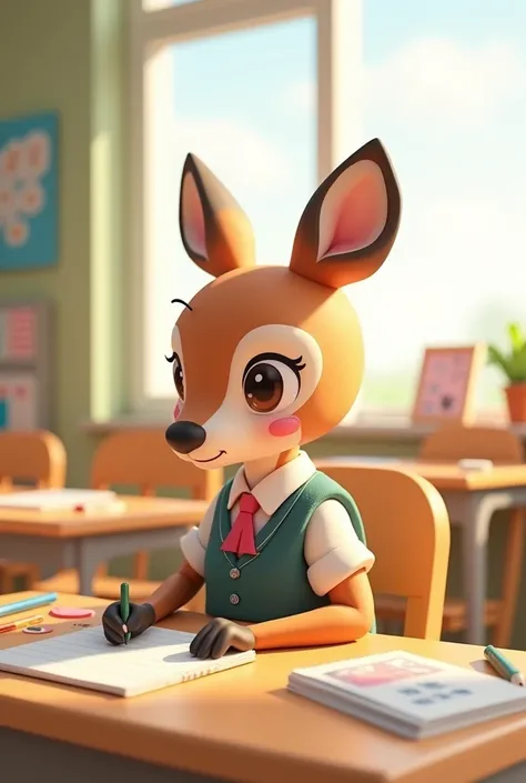 a 3d cartoon,a female kawaii deer sitting in his school desk, schoolgirl vest, working on his notebook