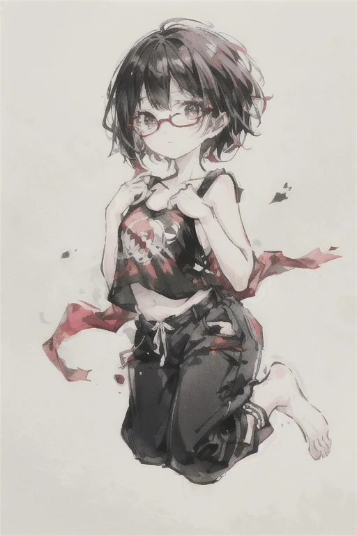 ((Best Quality)), ((masterpiece)), (detailed),Full body shot of an androgynous girl jumping with knees raised to her chest,Age: 23,Very Short Hair,Black hair with red mesh,No makeup,Narrow eyes,Slanted Eyes,boyish,Slim and toned body,Brave,Thin chest,black...