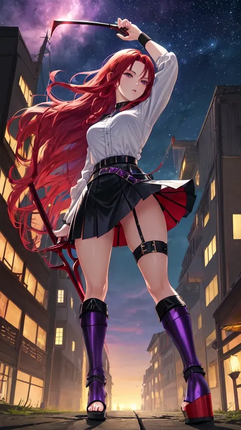 Adult woman, ((very short mini skirt)), armored purple top, black leather belt, high heel purple sandals, red under panties, walking thorough village, full body visible, green eyes, ((long red hair)), hair movement, small breasts, attack pose, holding a da...