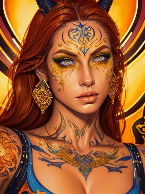 (((masterpiece))), (((Best Quality: 1.4))), ((Super detailed: 1.4)) , An extremely detailed gouache painting of a tiefling woman, Gorgeous exotic features, Amber neon eyes:1.5,  Orange Hair, Highly detailed facial features, Expressive Face, Detailed Textur...