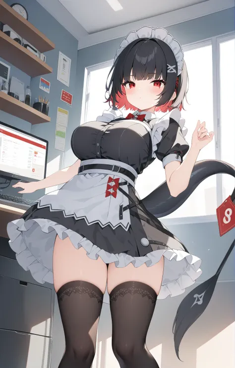 (Score_9, Score_8_up, Score_7_up, Score_6_up, Score_5_up, Score_4_up), masterpieceThe best quality, expensive_solve, 8k, Ultra-high resolution, One girl, deTailed, extremely deTailed, Best Anatomy, (Large Breasts), indoor, Short Hair, Black Hair, bangs, Re...