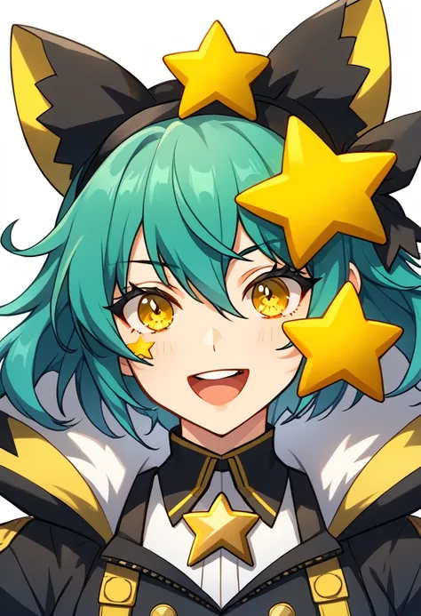 Girl with long dark turquoise hair, yellow eyes, yellow star pin in her head with a twin