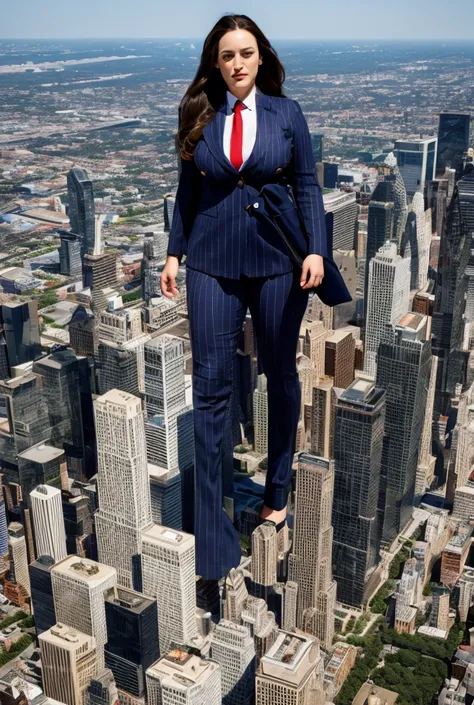 Highly detailed Giantess shot, Giantess, Kat Dennings, ((multiple women who are miles taller than a skyscraper)), big breasts, hourglass figures, navy pinstriped suit, white shirt, huge red tie Windsor knot, high heels, very small metropolis, miniature met...