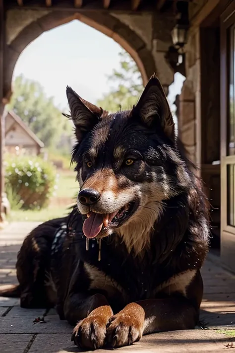 Create an image of a drooling wolf wanting to eat the birds