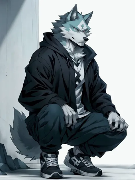 Wolf, (((grey fur))), squatting, black hoodie, blue baggy jeans, (DC shoes), ((detailed eyes)), ((similar to Shirou Ogami from BNA anime))