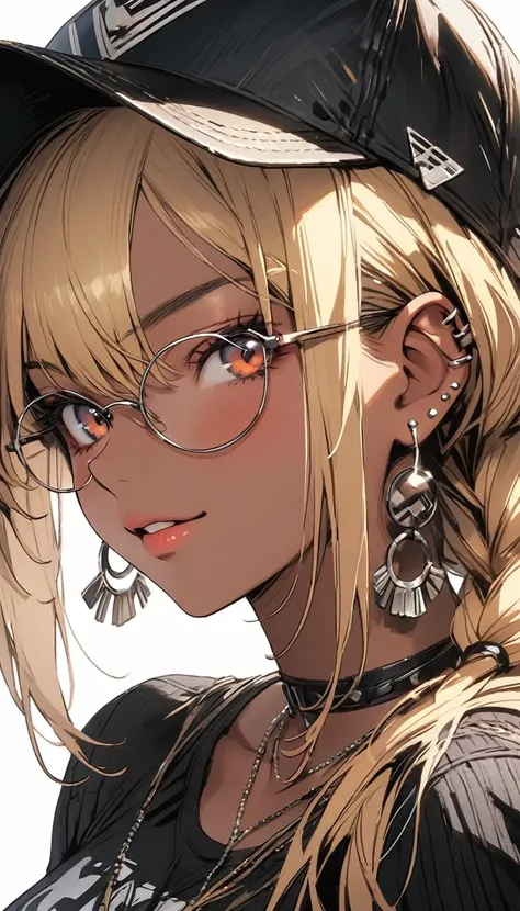 masterpiece of the highest quality, Pixiv, Cool girl, Earrings, blonde, (Dark Skin), Gal