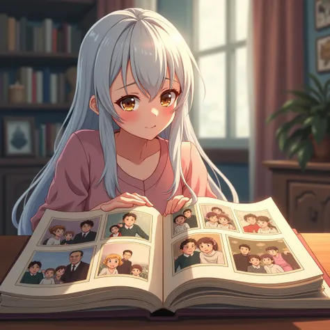 Vibrant anime-style illustration, (white hair), Nostalgic album cover, a photo album full of traces of years. a white hair mother, containing precious memories of several generations of the family. Every page is a gentle review of the past.
﻿
Beautiful cin...