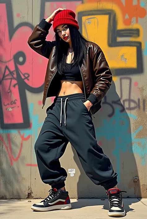 Illustration in a drawing style of a sexy hip hop dancer with straight black hair, a nose ring and red lips, wearing baggy pants, sports shoes and a wool hat, full body and with a graffiti wall as a background