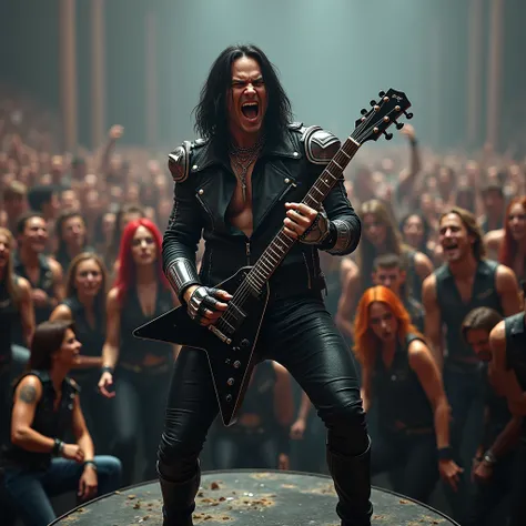 hentai, anime, Man with black shoulder length hair wearing black rocker jacket with studs, in black tight leather pants, with an implant on the neck, plays guitar with cybernetic left hand, holds microphone with cybernetic right hand, literally screams , w...