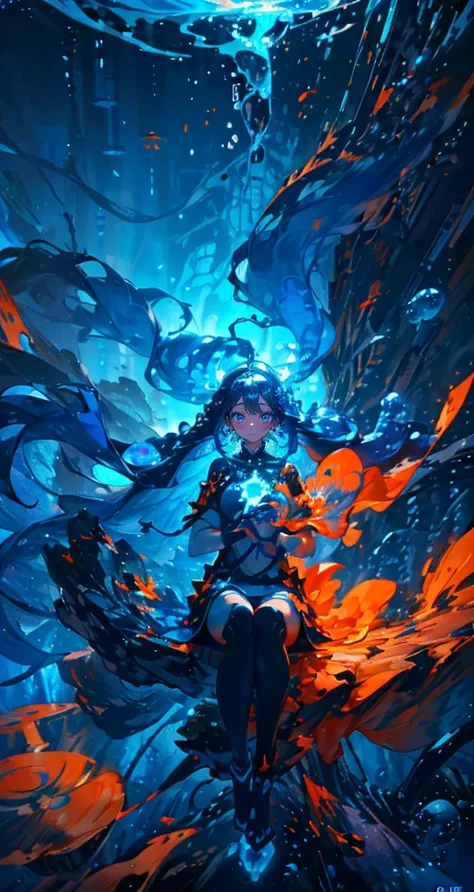 (master piece), (best quality), extreme detailed, 1 girl, solo full body shot, perfect face, beautiful girl, very detailed顔，(long blue hair:1.5)，(blue eyes:1.4),(glowing orange:1.4),(Floating hair:1.6)，(under water:1)，seabed ,seaweed,lots of bubbles, deep ...