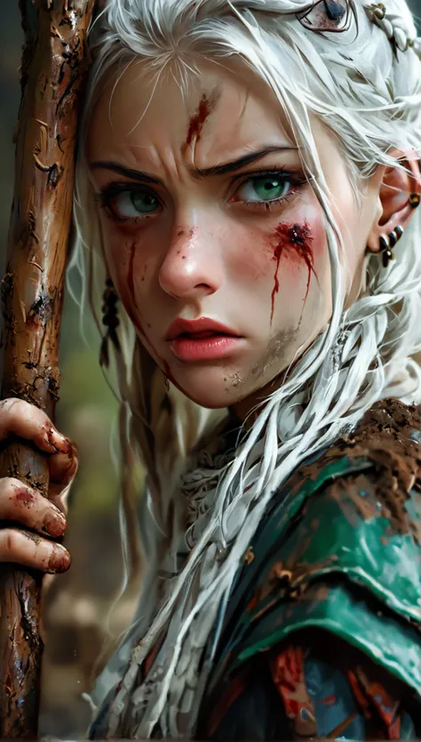 a young slavic woman with long white hair, loose in the back and pulled back in the front, a few strands falling on her face, dark green eyes, strong dark makeup, dirty face from mud and blood, dirty clothes and barbarian slavic armor, many piercings on th...