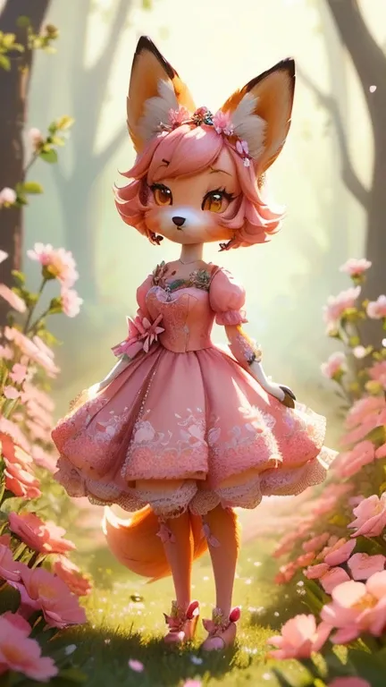 a close up of a cartoon fox in a dress in a field of flowers, pink fox, adorable digital painting, cute detailed digital art, a beautiful fox lady, cute 3 d render, foxgirl, 🌺 cgsociety, cute digital art, fox wearing a tiara, 8k high quality detailed art, ...