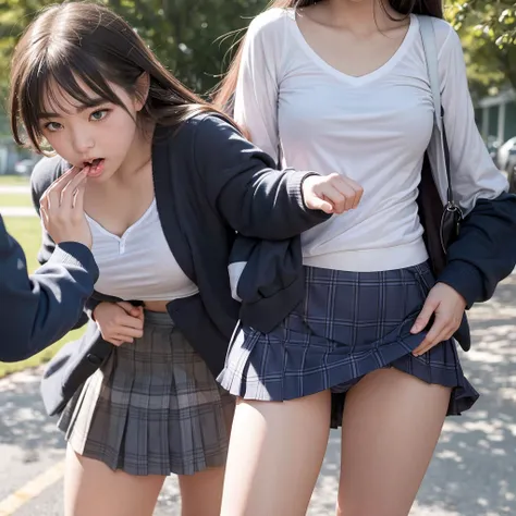 An innocent and beautiful high school girl in her underwear screams with her mouth open in shame as her skirt flips up when she passes in front of some high school boys., A close-up shot of a shy face:1.3, She tries to hide her panties with a mini shirt, b...