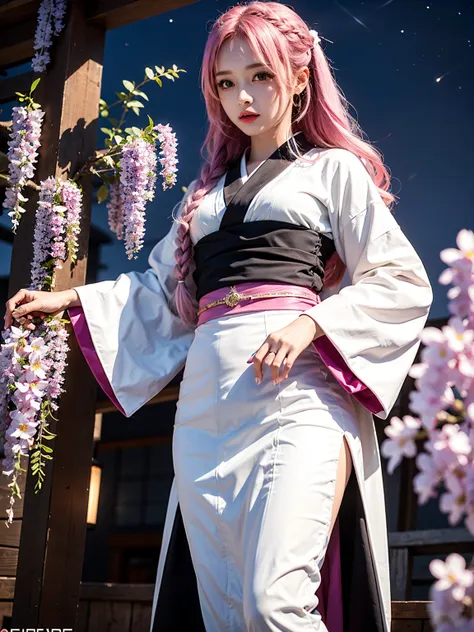 place：(night:1.7), wisteria flowers, action：Dynamic posture,Combat posture, holding a Japanese sword, trap：(demon slayer clothes), ((black kimono)), ((White feather weave)), character：Mitsuri Kanroji,Demon slayer, hair：Pink hair((緑Colorのeye)), ((Pink hair)...