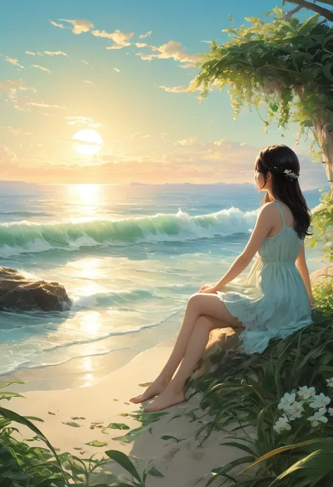 (A masterpiece of the highest quality:1.2)、A super detailed illustration，Perfectly shows the girl in the doomsday beach scenery。In the silence of the morning、There is an atmosphere that is both sad and hopeful.。 that girl sits on the soft vegetation of the...