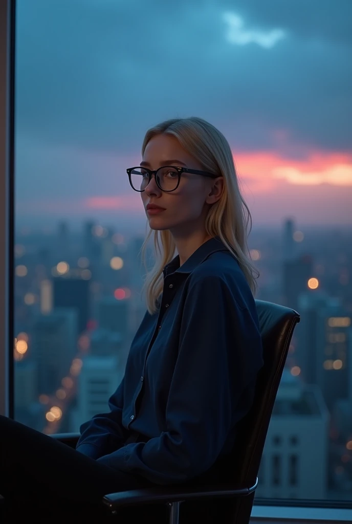 Young woman ,white skin blonde hair pretty face , perfect, with dark black glasses sitting in a chair facing, dressed in a dark blue shirt and black pants, in the background a large window with a cinematic blue sunset city 