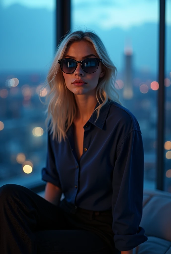 Young woman ,white skin blonde hair pretty face , perfect, with dark black glasses sitting in a chair facing, dressed in a dark blue shirt and black pants, in the background a large window with a cinematic blue sunset city ,With black lenses you can see th...