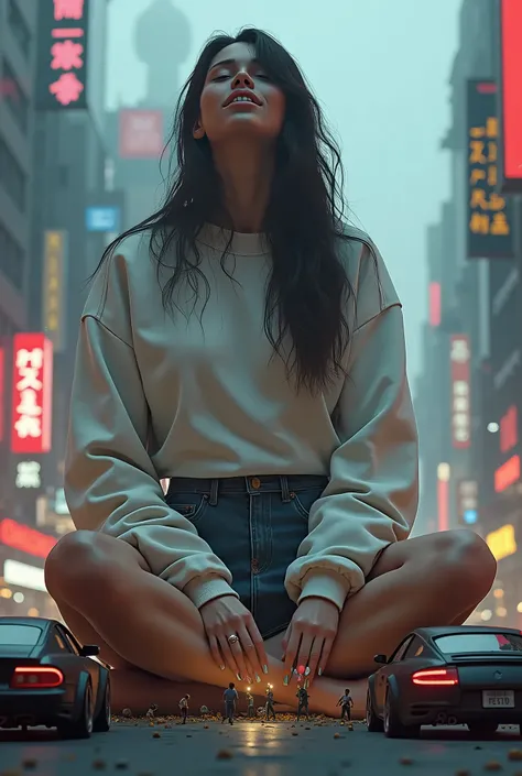 a huge giant woman laying on a cyberpunk micro-city. The giantess sitting on micro-buildings and cars, [the giant is bigger than a palace. The weight of the gigantic woman crushes tiny cars in the street.], wearing jeans skirt and white sweatshirt, tiny me...