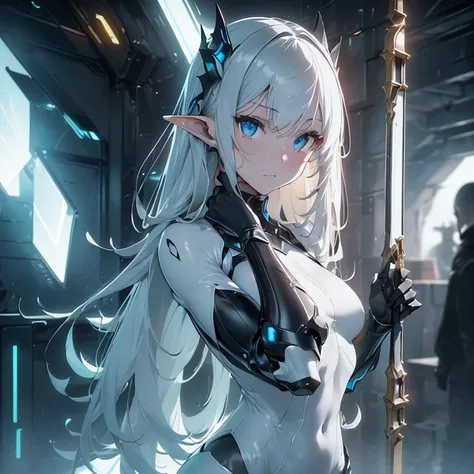 Elf, A complex and flawless face of beauty, Fine, sharp eyes, Detailed face, (((Half Body::1))), (((Forms of beauty))), ((Realistic white neon light sci-fi mech plug suit costume)), masterpiece4K, Ultra-high resolution (((Wears ultra-realistic and detailed...