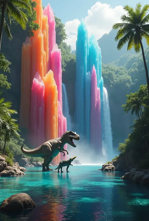 a gigantic cliff made of multicolored quartz crystal pillars in a tropical rainforest, with a cascading waterfall pouring into a lagoon lined with smaller quartz crystals, a tyrannosaurus rex eating another dinosaur at the edge of the lagoon, 8k, octane, a...