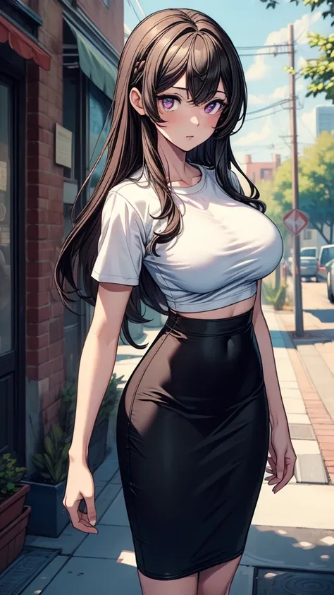 ((((masterpiece, best quality:1.8, high detail:1.5)))), beautiful woman, bright purple eyes, solo focus, (((large breasts))), long hair, ((brown hair)), hairpin, ((white t-shirt cropped)), ((black midi pencil ((skirt)))), ((((long black skirt)))), slim bod...