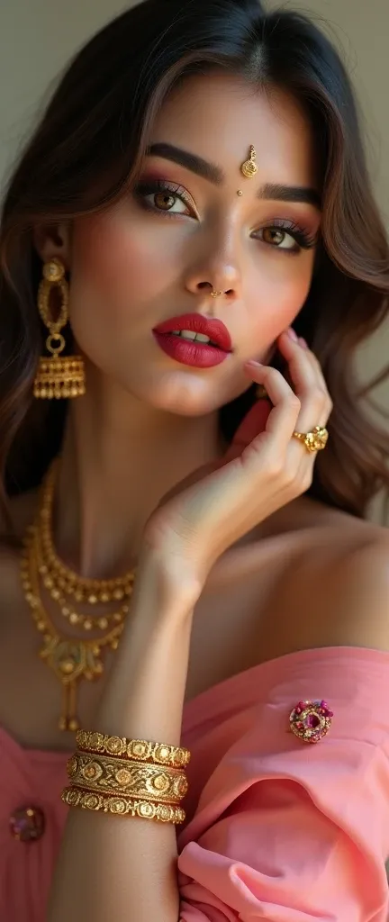 Make a gold jewelry bracelet with Turkish engraving with snake silhouette of goddess medusa on beautiful female model, Bridal brown shining hair, (RAW photo), (realism: 1.8), (gloss red lipstick, big and thick lips , lips details, many eyelashes, dark blac...