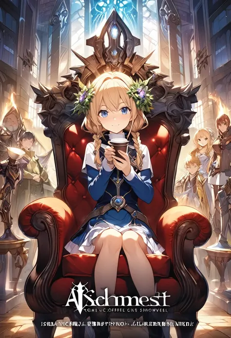 Anime girl sitting on a chair with a coffee cup in her hand, Alchemist Girl, Light novel cover art, Official Art, Epic light novel art cover, Official Artwork, epic Light novel cover art, change, isekai, small curve change, Kushat Wreath, Kshat Krentz Key ...