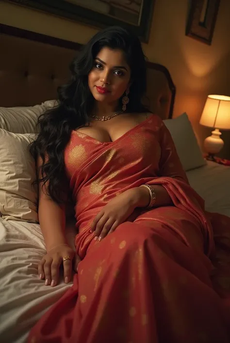 ((masterpiece, highest quality, Highest image quality, High resolution, photorealistic, Raw photo, 8K, hot telugu aunty , curvy hourglass body shape in saree, lying in bed, big cleavage deep curvy shape, armpits hot , hot wife navel , waist hot , hot thigh...